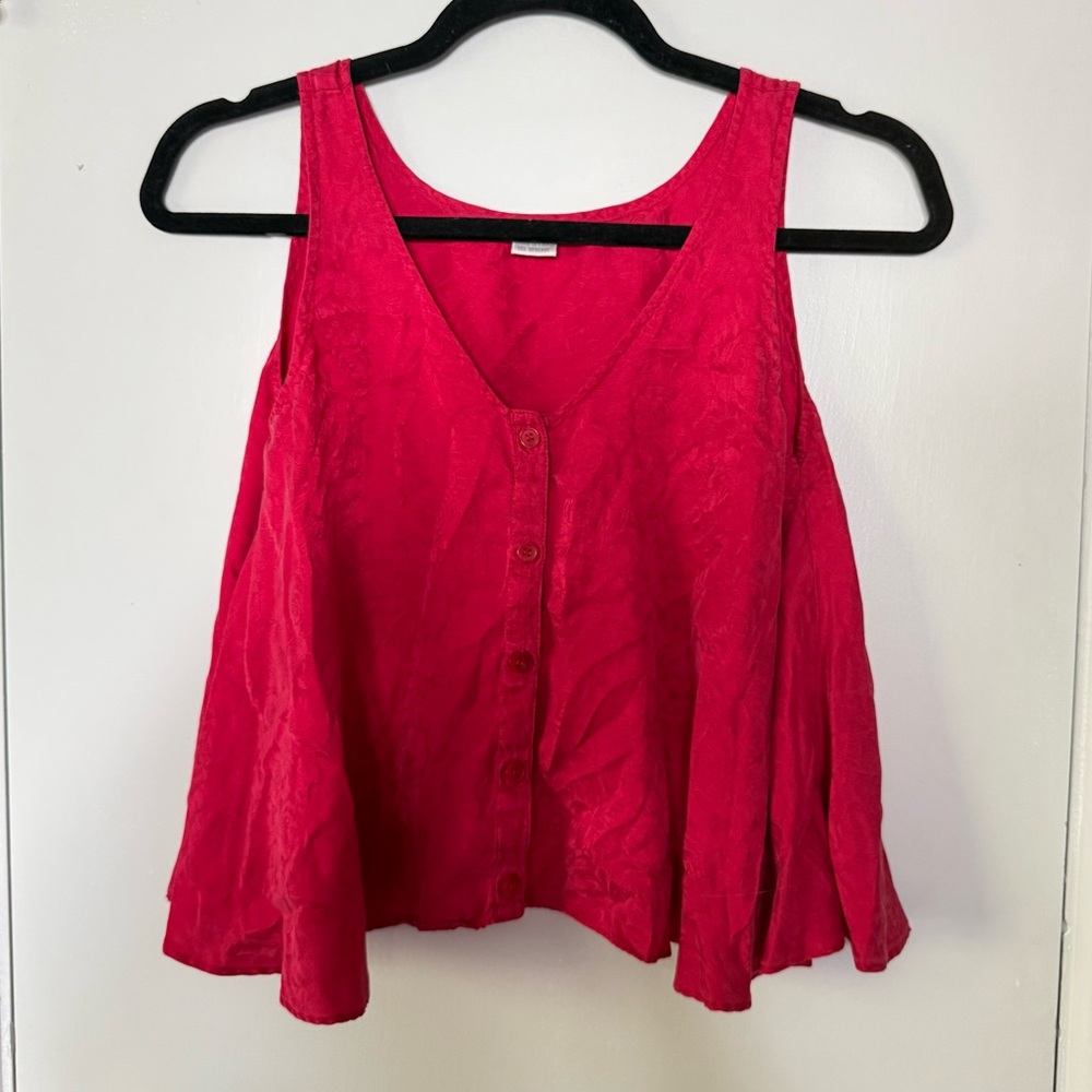 Vintage Treesha Red Floral Embossed Button Down Cropped Blouse Medium